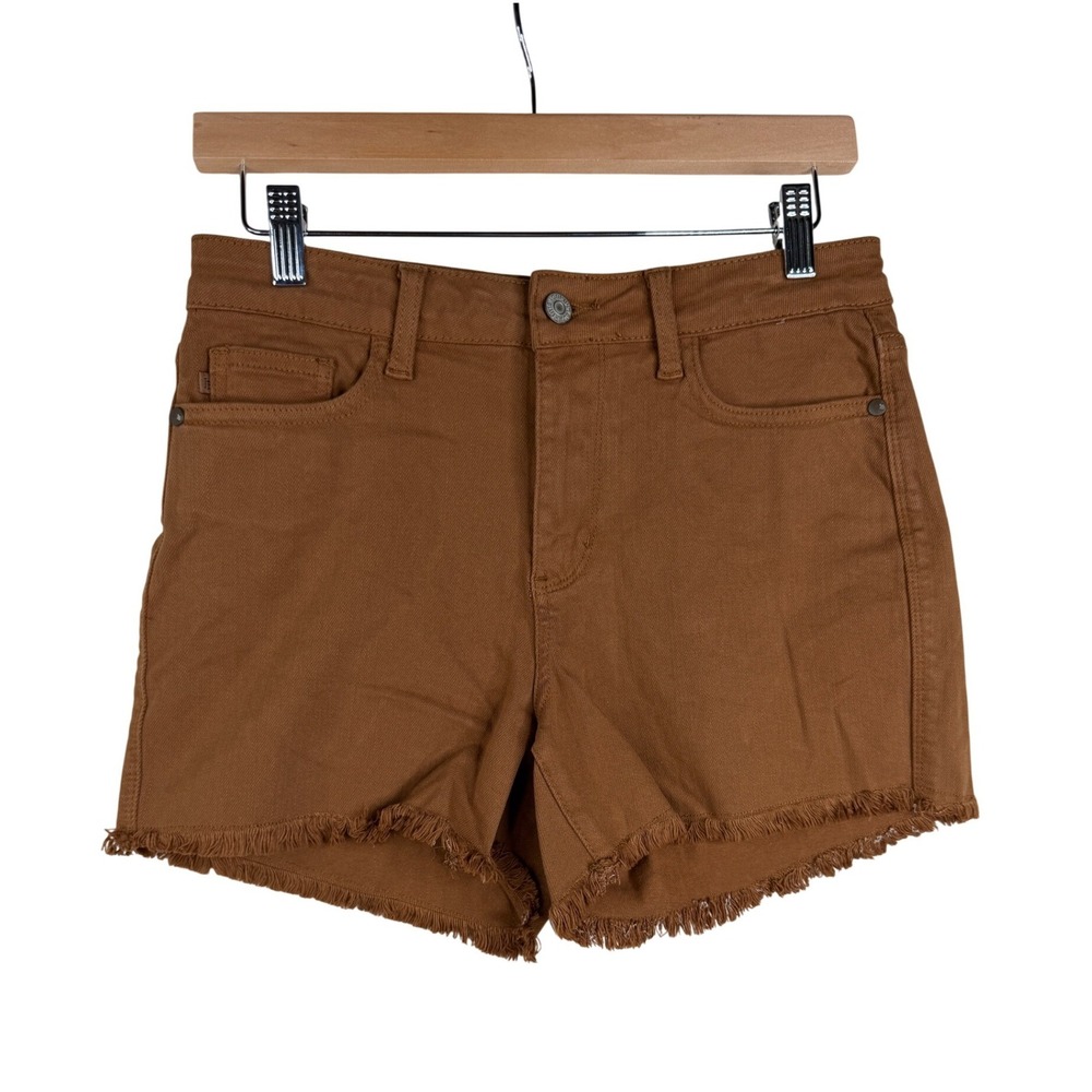 Judy Blue Women's Brown Denim Cut Off Shorts High Rise Fringe Zip Pockets Sz M